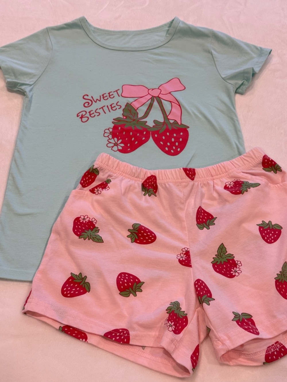 Girls' Sweet Besties Strawberry Pajama Set - Pink & Light Green Blue
